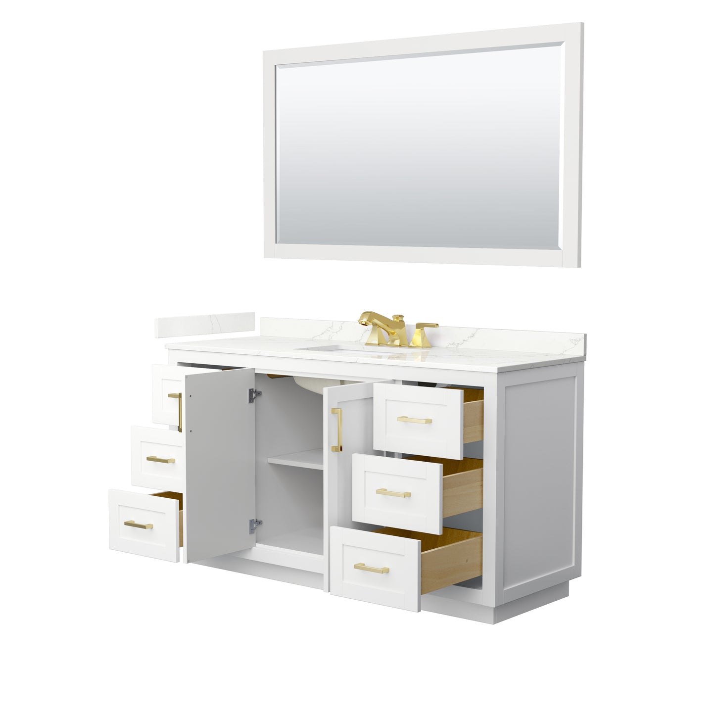 Wyndham Collection Miranda 60 Inch Single Bathroom Vanity in White, Quartz Countertop, Undermount Square Sink, Brushed Gold Trim - Luxe Bathroom Vanities