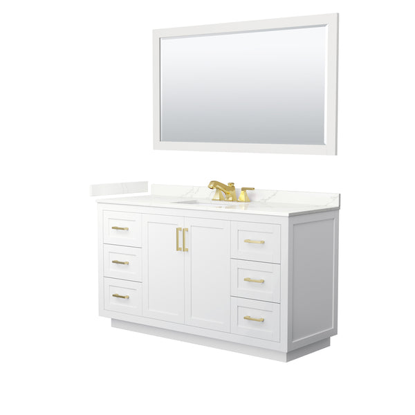 Wyndham Collection Miranda 60 Inch Single Bathroom Vanity in White, Quartz Countertop, Undermount Square Sink, Brushed Gold Trim - Luxe Bathroom Vanities