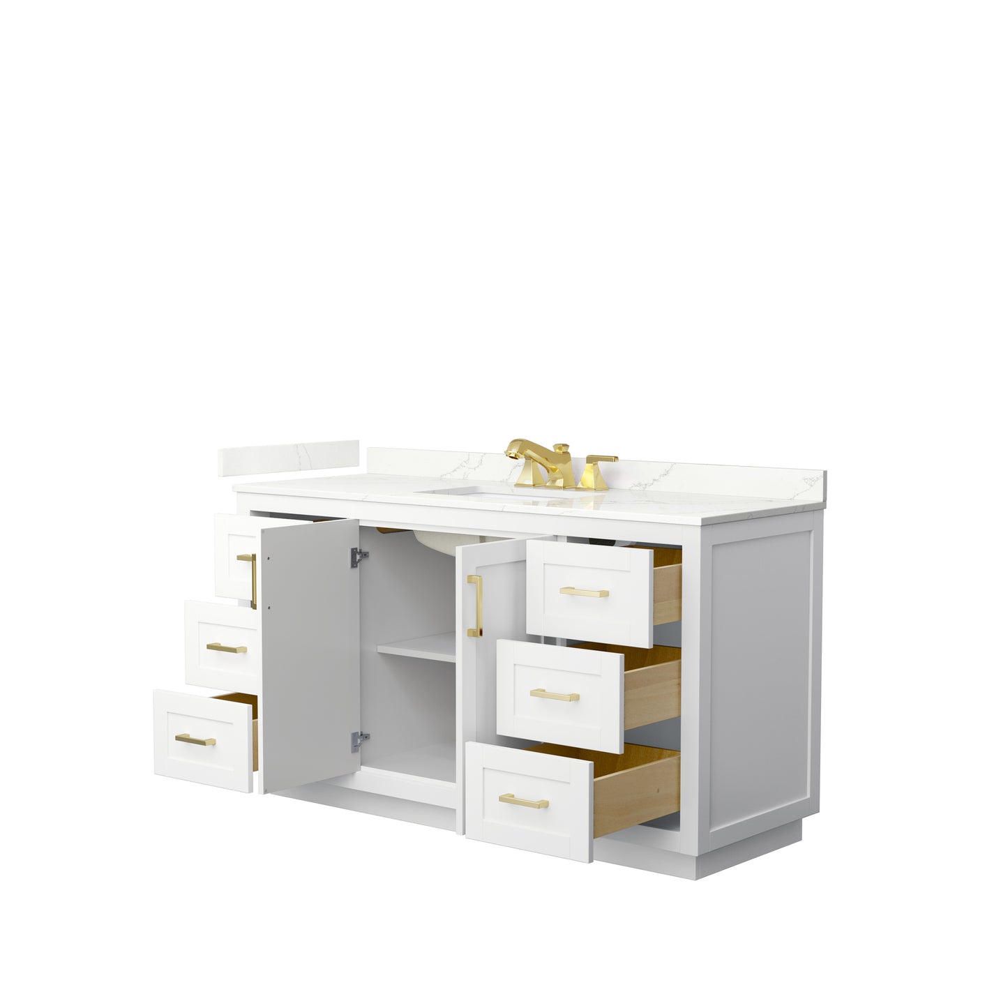 Wyndham Collection Miranda 60 Inch Single Bathroom Vanity in White, Quartz Countertop, Undermount Square Sink, Brushed Gold Trim - Luxe Bathroom Vanities