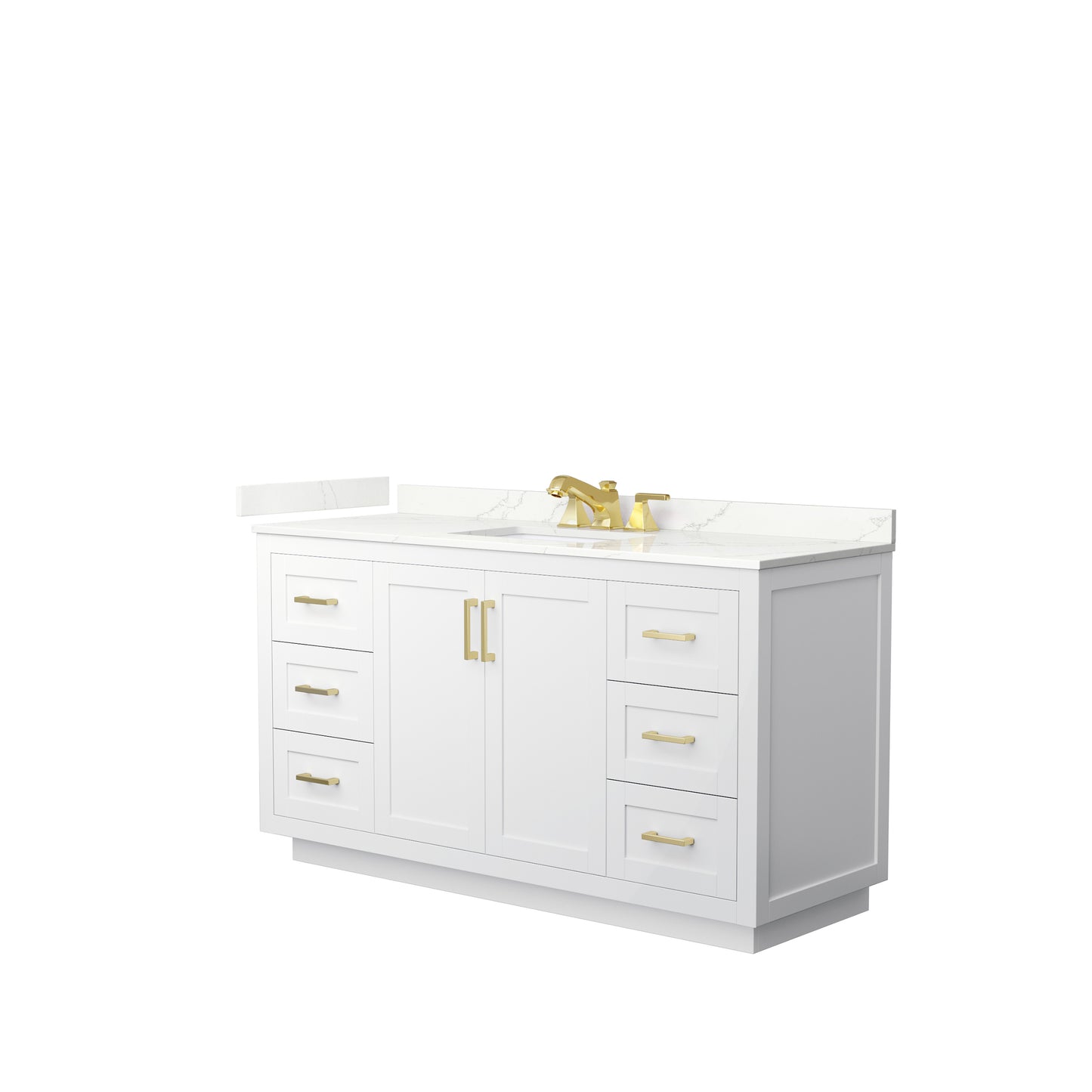 Wyndham Collection Miranda 60 Inch Single Bathroom Vanity in White, Quartz Countertop, Undermount Square Sink, Brushed Gold Trim - Luxe Bathroom Vanities