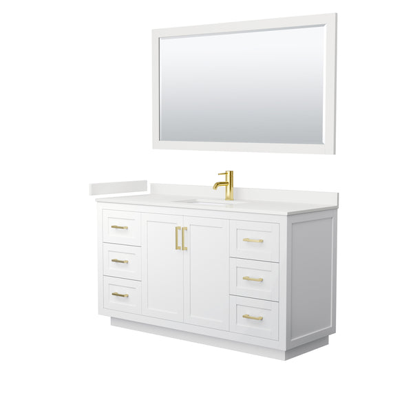 Wyndham Collection Miranda 60 Inch Single Bathroom Vanity in White, Quartz Countertop, Undermount Square Sink, Brushed Gold Trim - Luxe Bathroom Vanities