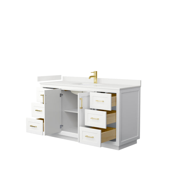 Wyndham Collection Miranda 60 Inch Single Bathroom Vanity in White, Quartz Countertop, Undermount Square Sink, Brushed Gold Trim - Luxe Bathroom Vanities