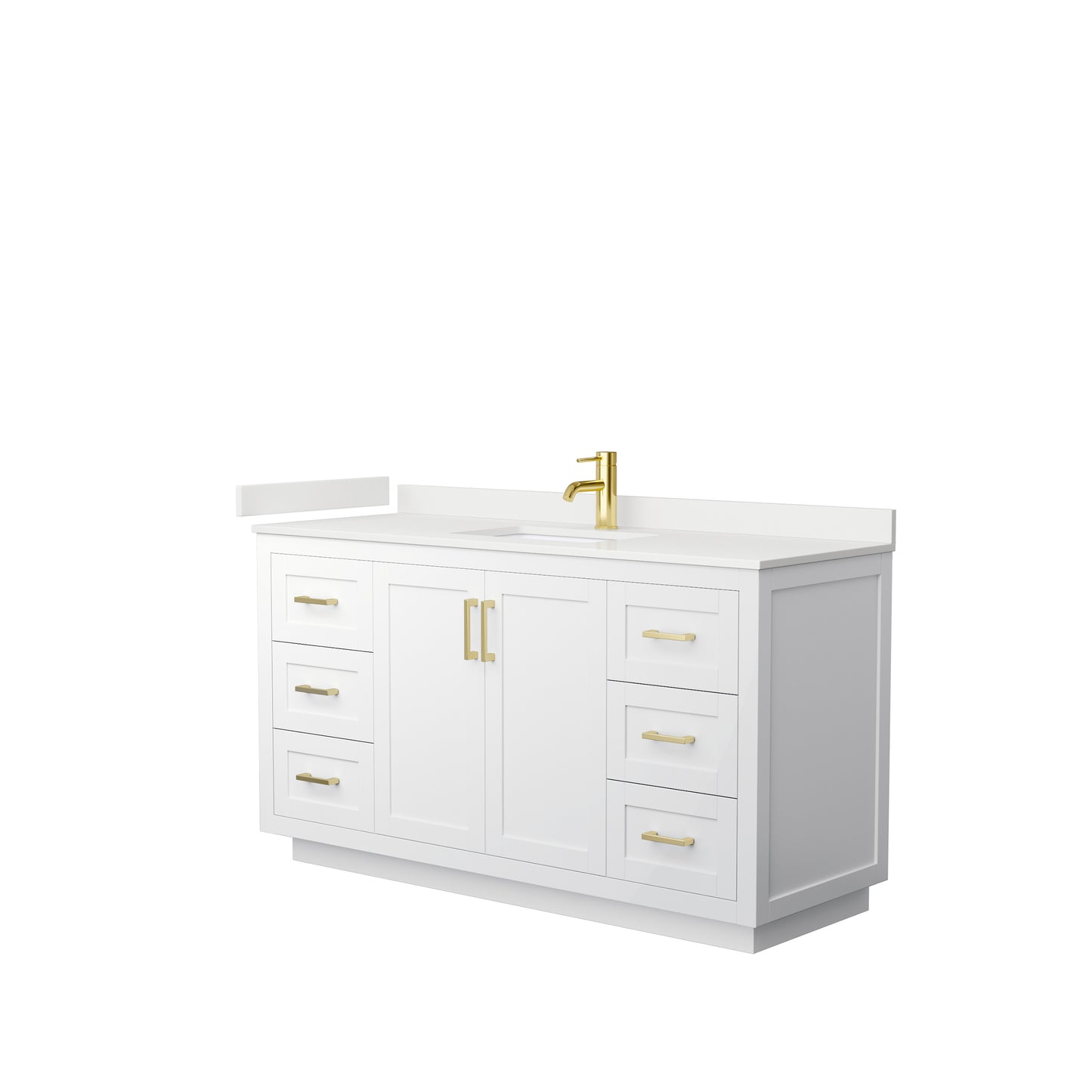 Wyndham Collection Miranda 60 Inch Single Bathroom Vanity in White, Quartz Countertop, Undermount Square Sink, Brushed Gold Trim - Luxe Bathroom Vanities