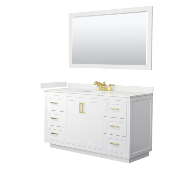 Wyndham Collection Miranda 60 Inch Single Bathroom Vanity in White, Quartz Countertop, Undermount Square Sink, Brushed Gold Trim - Luxe Bathroom Vanities