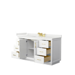 Wyndham Collection Miranda 60 Inch Single Bathroom Vanity in White, Quartz Countertop, Undermount Square Sink, Brushed Gold Trim - Luxe Bathroom Vanities