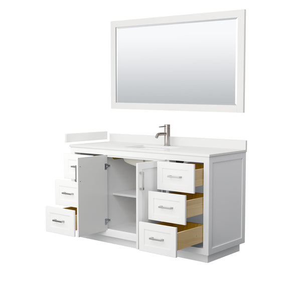 Wyndham Collection Miranda 60 Inch Single Bathroom Vanity in White, Quartz Countertop, Undermount Square Sink, Brushed Nickel Trim - Luxe Bathroom Vanities