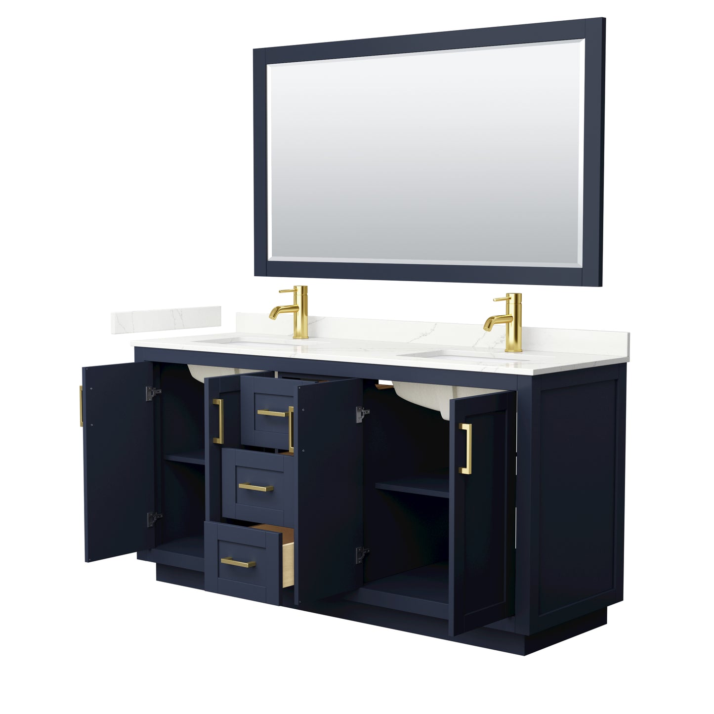 Wyndham Collection Miranda 66 Inch Double Bathroom Vanity in Dark Blue, Quartz Countertop, Undermount Square Sinks, Brushed Gold Trim - Luxe Bathroom Vanities