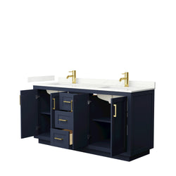 Wyndham Collection Miranda 66 Inch Double Bathroom Vanity in Dark Blue, Quartz Countertop, Undermount Square Sinks, Brushed Gold Trim - Luxe Bathroom Vanities