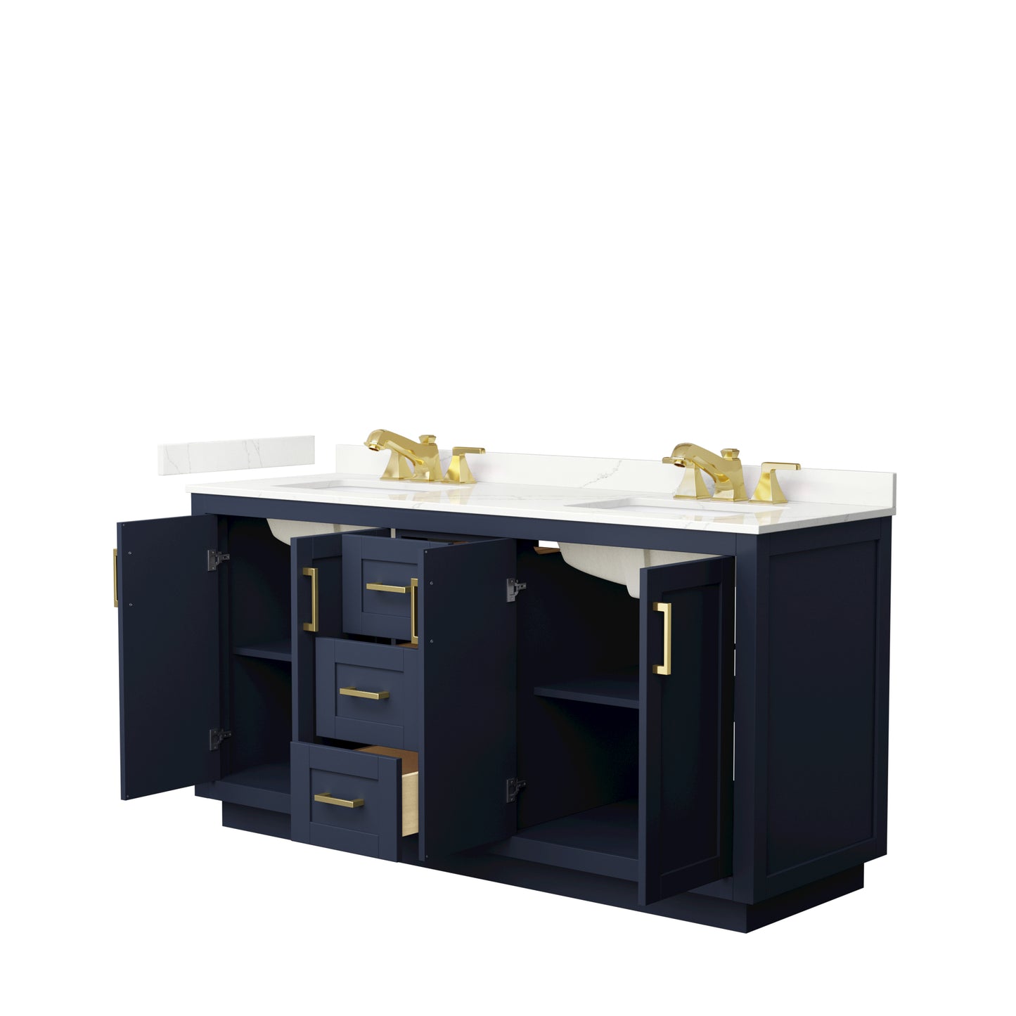 Wyndham Collection Miranda 66 Inch Double Bathroom Vanity in Dark Blue, Quartz Countertop, Undermount Square Sinks, Brushed Gold Trim - Luxe Bathroom Vanities