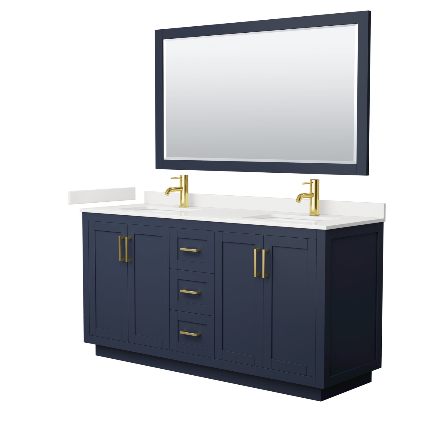 Wyndham Collection Miranda 66 Inch Double Bathroom Vanity in Dark Blue, Quartz Countertop, Undermount Square Sinks, Brushed Gold Trim - Luxe Bathroom Vanities