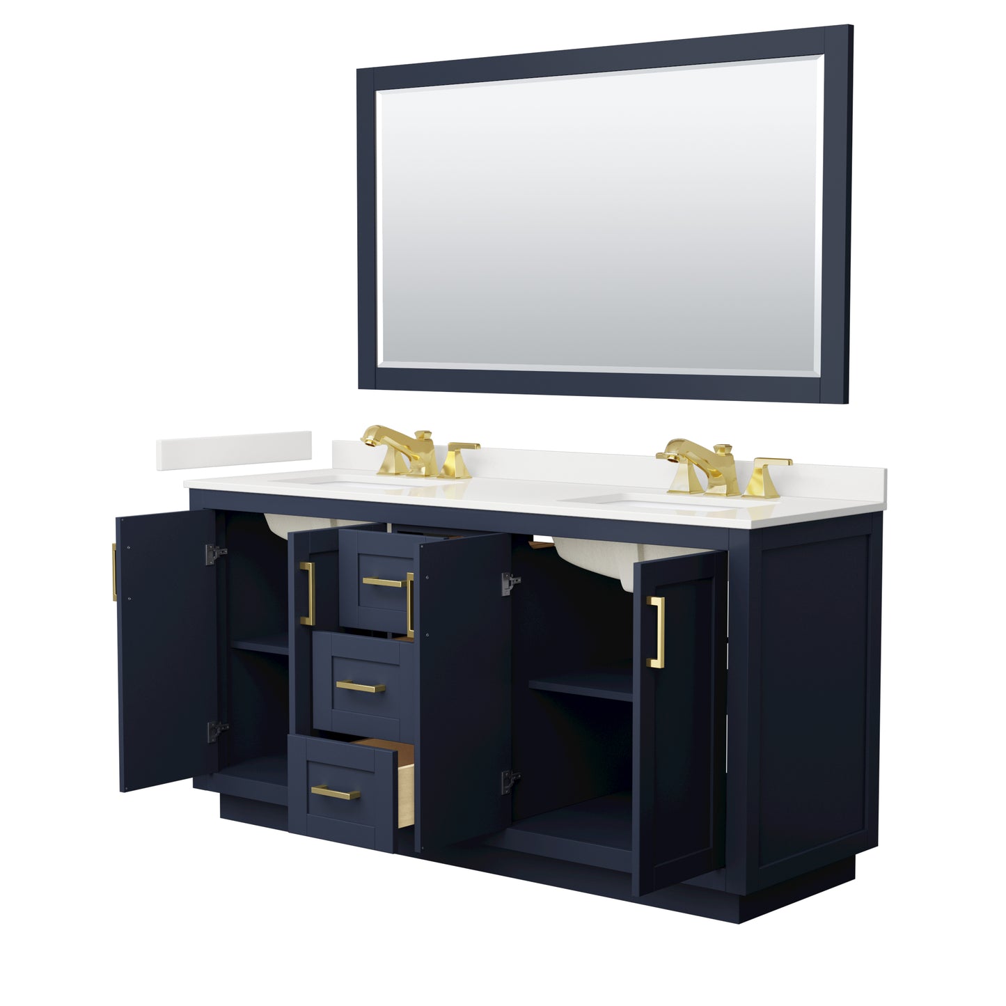 Wyndham Collection Miranda 66 Inch Double Bathroom Vanity in Dark Blue, Quartz Countertop, Undermount Square Sinks, Brushed Gold Trim - Luxe Bathroom Vanities