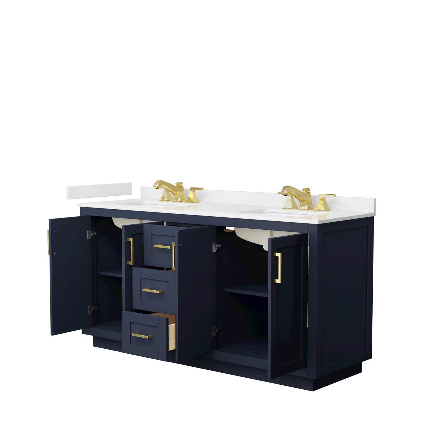 Wyndham Collection Miranda 66 Inch Double Bathroom Vanity in Dark Blue, Quartz Countertop, Undermount Square Sinks, Brushed Gold Trim - Luxe Bathroom Vanities