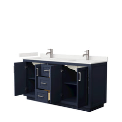 Wyndham Collection Miranda 66 Inch Double Bathroom Vanity in Dark Blue, Quartz Countertop, Undermount Square Sinks, Brushed Nickel Trim - Luxe Bathroom Vanities