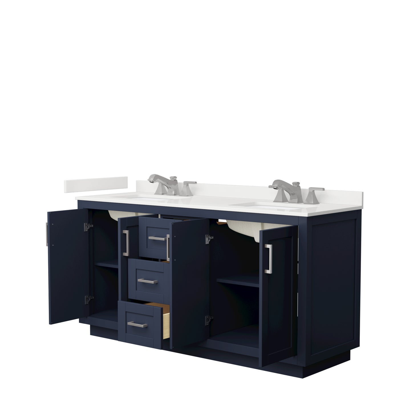 Wyndham Collection Miranda 66 Inch Double Bathroom Vanity in Dark Blue, Quartz Countertop, Undermount Square Sinks, Brushed Nickel Trim - Luxe Bathroom Vanities