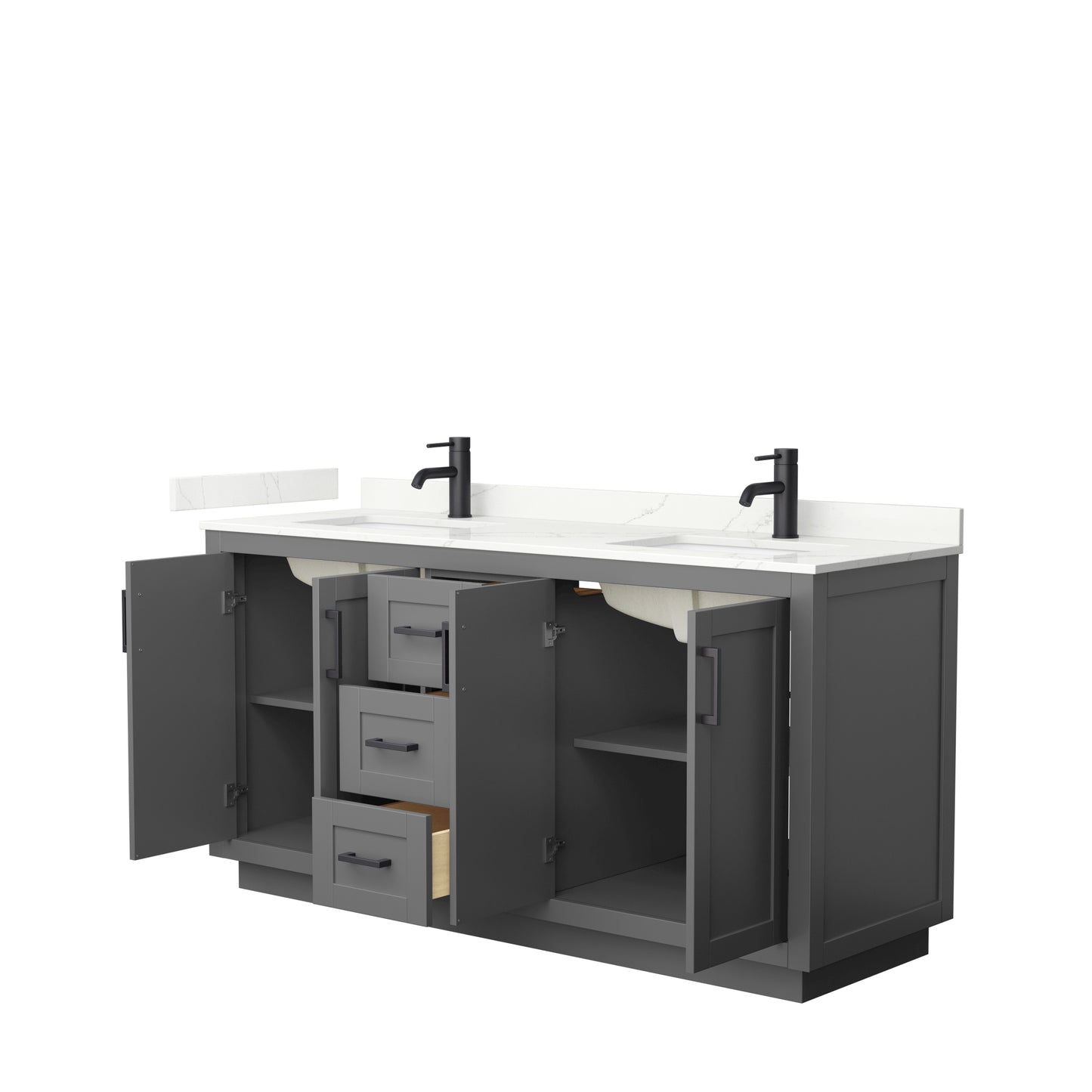 Wyndham Collection Miranda 66 Inch Double Bathroom Vanity in Dark Gray, Quartz Countertop, Undermount Square Sinks, Matte Black Trim - Luxe Bathroom Vanities