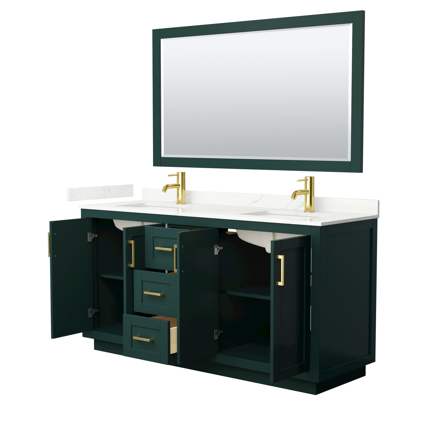 Wyndham Collection Miranda 66 Inch Double Bathroom Vanity in Green, Quartz Countertop, Undermount Square Sinks, Brushed Gold Trim - Luxe Bathroom Vanities