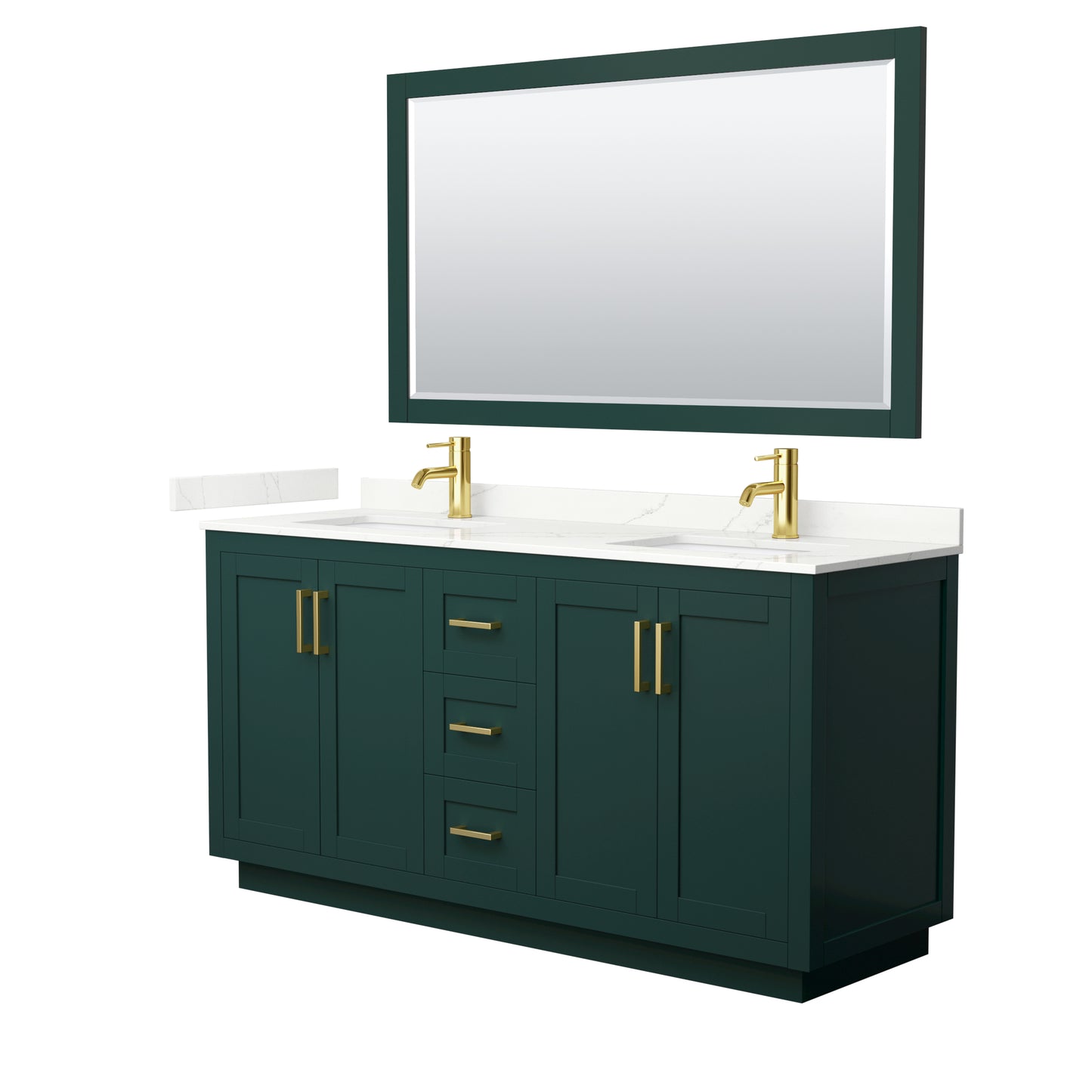 Wyndham Collection Miranda 66 Inch Double Bathroom Vanity in Green, Quartz Countertop, Undermount Square Sinks, Brushed Gold Trim - Luxe Bathroom Vanities