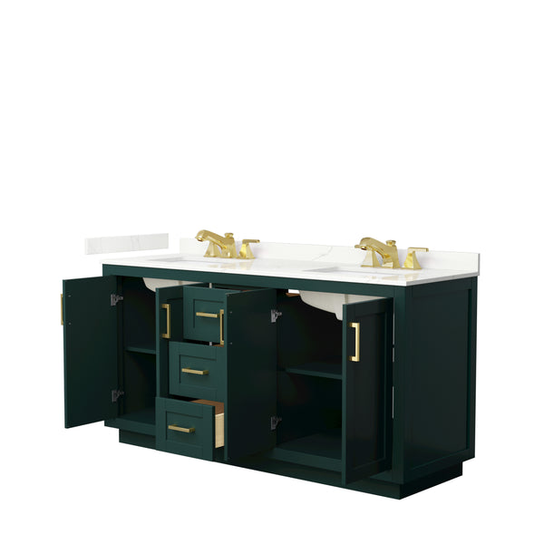 Wyndham Collection Miranda 66 Inch Double Bathroom Vanity in Green, Quartz Countertop, Undermount Square Sinks, Brushed Gold Trim - Luxe Bathroom Vanities