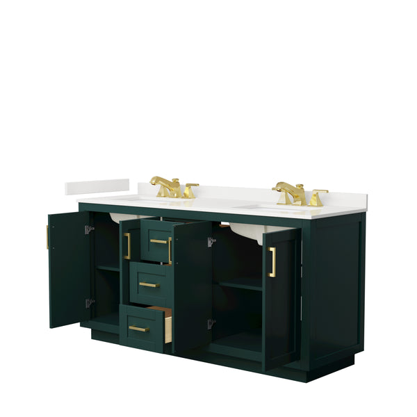 Wyndham Collection Miranda 66 Inch Double Bathroom Vanity in Green, Quartz Countertop, Undermount Square Sinks, Brushed Gold Trim - Luxe Bathroom Vanities