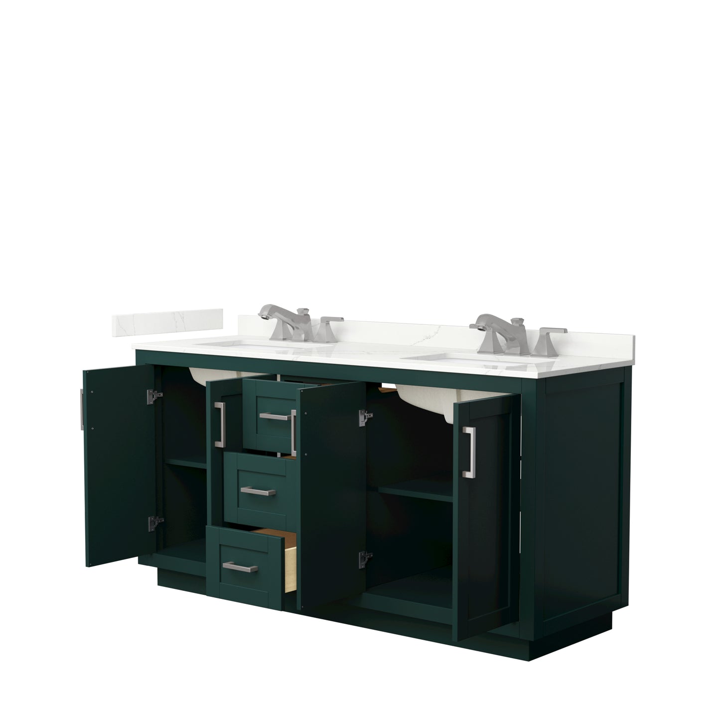 Wyndham Collection Miranda 66 Inch Double Bathroom Vanity in Green, Quartz Countertop, Undermount Square Sinks, Brushed Nickel Trim - Luxe Bathroom Vanities