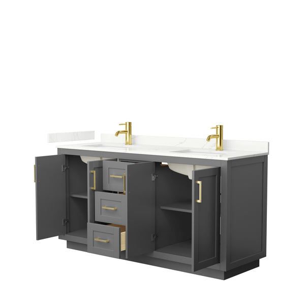 Wyndham Collection Miranda 66 Inch Double Bathroom Vanity in Dark Gray, Quartz Countertop, Undermount Square Sinks, Brushed Gold Trim - Luxe Bathroom Vanities