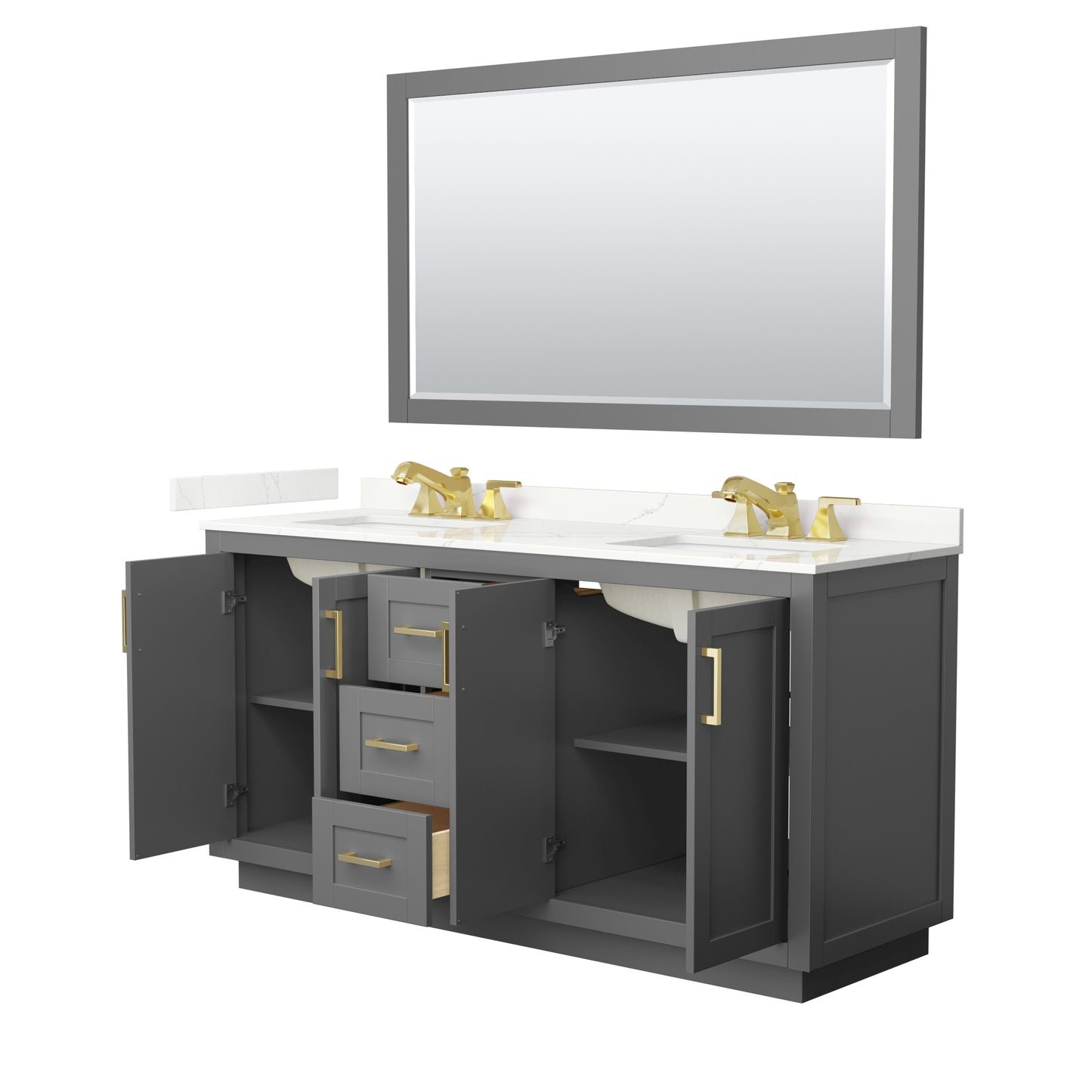 Wyndham Collection Miranda 66 Inch Double Bathroom Vanity in Dark Gray, Quartz Countertop, Undermount Square Sinks, Brushed Gold Trim - Luxe Bathroom Vanities