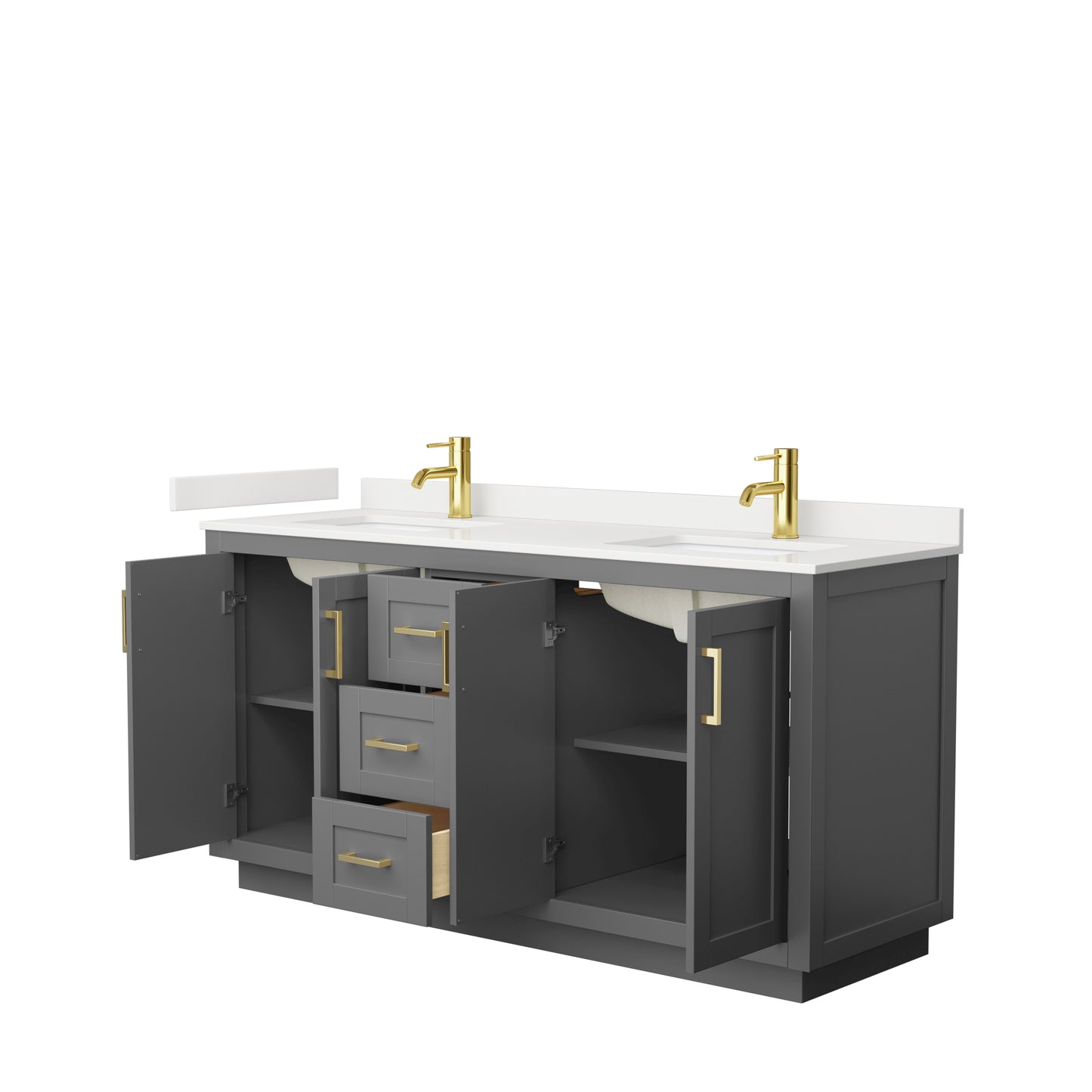 Wyndham Collection Miranda 66 Inch Double Bathroom Vanity in Dark Gray, Quartz Countertop, Undermount Square Sinks, Brushed Gold Trim - Luxe Bathroom Vanities