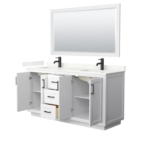 Wyndham Collection Miranda 66 Inch Double Bathroom Vanity in White, Quartz Countertop, Undermount Square Sinks, Matte Black Trim - Luxe Bathroom Vanities