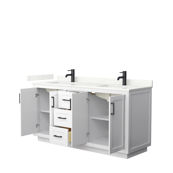 Wyndham Collection Miranda 66 Inch Double Bathroom Vanity in White, Quartz Countertop, Undermount Square Sinks, Matte Black Trim - Luxe Bathroom Vanities