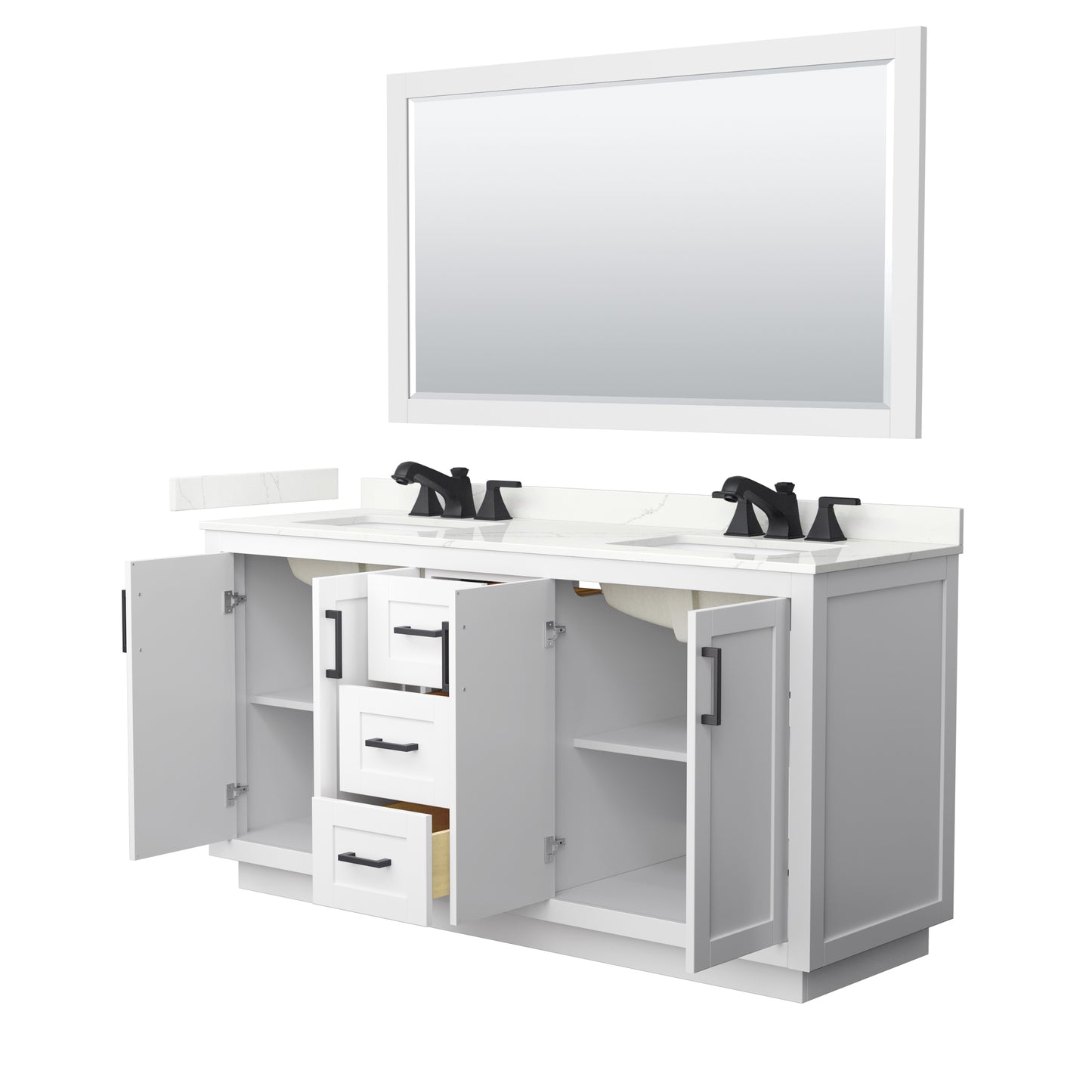 Wyndham Collection Miranda 66 Inch Double Bathroom Vanity in White, Quartz Countertop, Undermount Square Sinks, Matte Black Trim - Luxe Bathroom Vanities