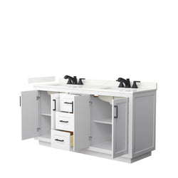 Wyndham Collection Miranda 66 Inch Double Bathroom Vanity in White, Quartz Countertop, Undermount Square Sinks, Matte Black Trim - Luxe Bathroom Vanities