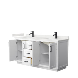 Wyndham Collection Miranda 66 Inch Double Bathroom Vanity in White, Quartz Countertop, Undermount Square Sinks, Matte Black Trim - Luxe Bathroom Vanities