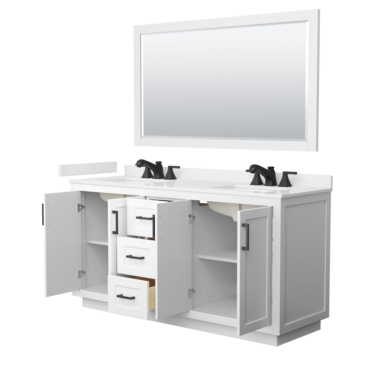 Wyndham Collection Miranda 66 Inch Double Bathroom Vanity in White, Quartz Countertop, Undermount Square Sinks, Matte Black Trim - Luxe Bathroom Vanities