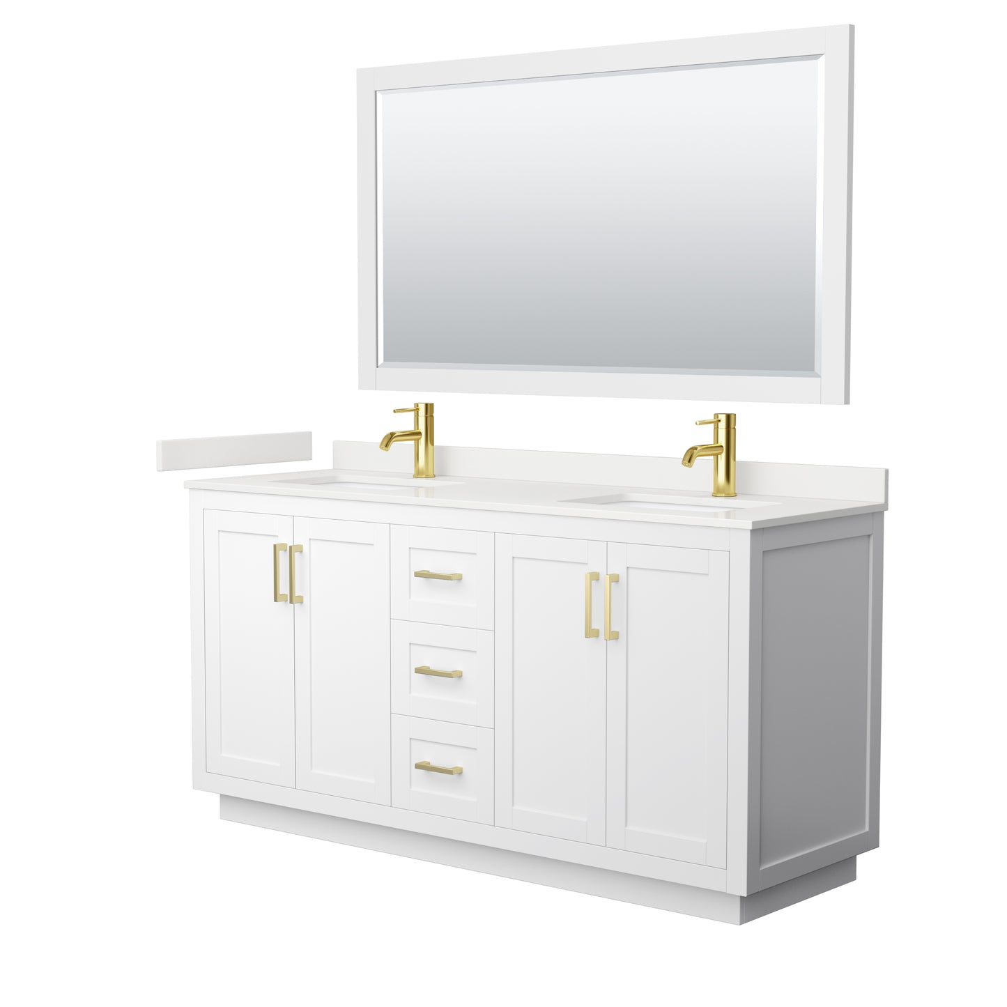 Wyndham Collection Miranda 66 Inch Double Bathroom Vanity in White, Quartz Countertop, Undermount Square Sinks, Brushed Gold Trim - Luxe Bathroom Vanities