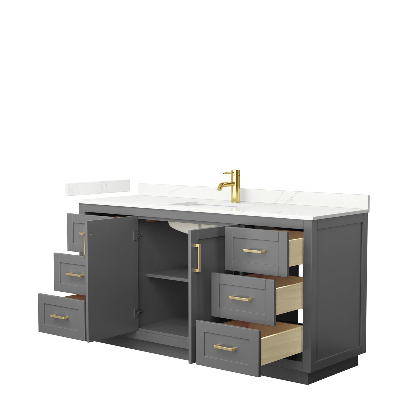 Wyndham Collection Miranda 66 Inch Single Bathroom Vanity in Dark Gray, Quartz Countertop, Undermount Square Sink, Brushed Gold Trim - Luxe Bathroom Vanities