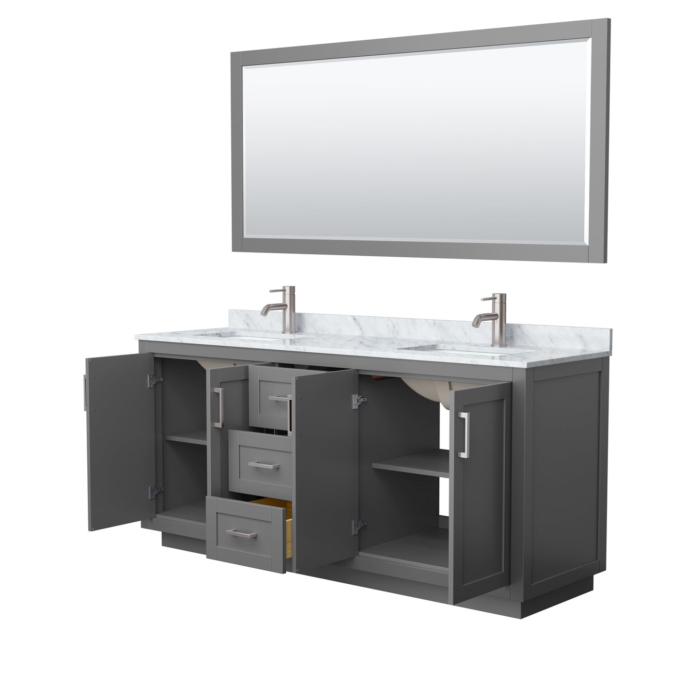 Wyndham Collection Miranda 72 Inch Double Bathroom Vanity in Dark Gray, Marble Countertop, Undermount Square Sinks, Brushed Nickel Trim, 70 Inch Mirror - Luxe Bathroom Vanities