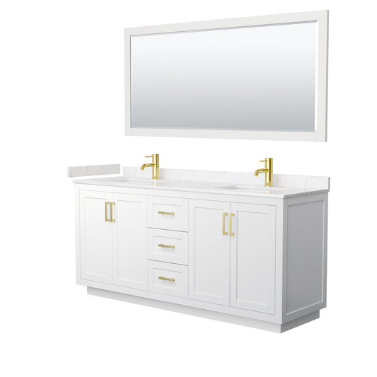 Wyndham Collection Miranda 72 Inch Double Bathroom Vanity in White, Marble Countertop, Undermount Square Sinks, Brushed Gold Trim, 70 Inch Mirror - Luxe Bathroom Vanities