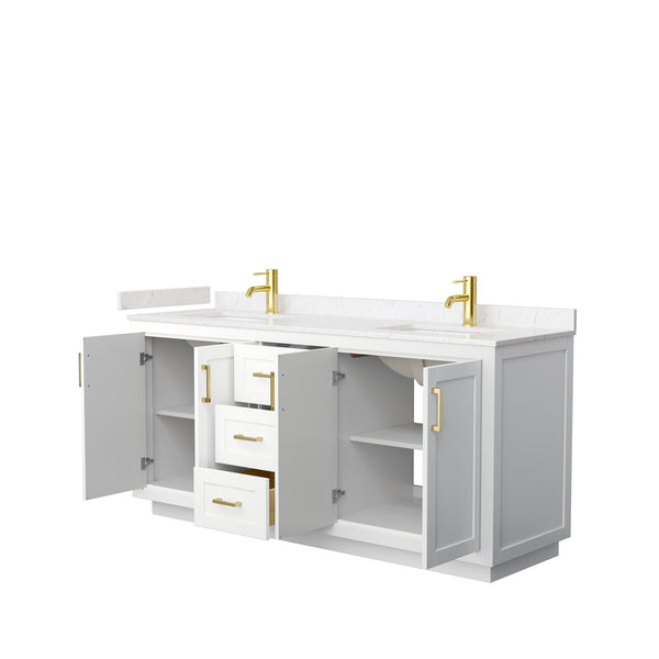 Wyndham Collection Miranda 72 Inch Double Bathroom Vanity in White, Marble Countertop, Undermount Square Sinks, Brushed Gold Trim, 70 Inch Mirror - Luxe Bathroom Vanities