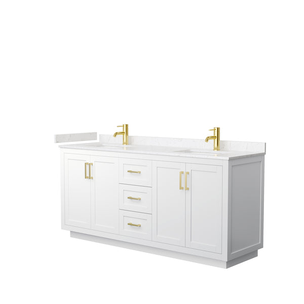 Wyndham Collection Miranda 72 Inch Double Bathroom Vanity in White, Marble Countertop, Undermount Square Sinks, Brushed Gold Trim, 70 Inch Mirror - Luxe Bathroom Vanities