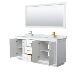 Wyndham Collection Miranda 72 Inch Double Bathroom Vanity in White, Marble Countertop, Undermount Square Sinks, Brushed Gold Trim, 70 Inch Mirror - Luxe Bathroom Vanities