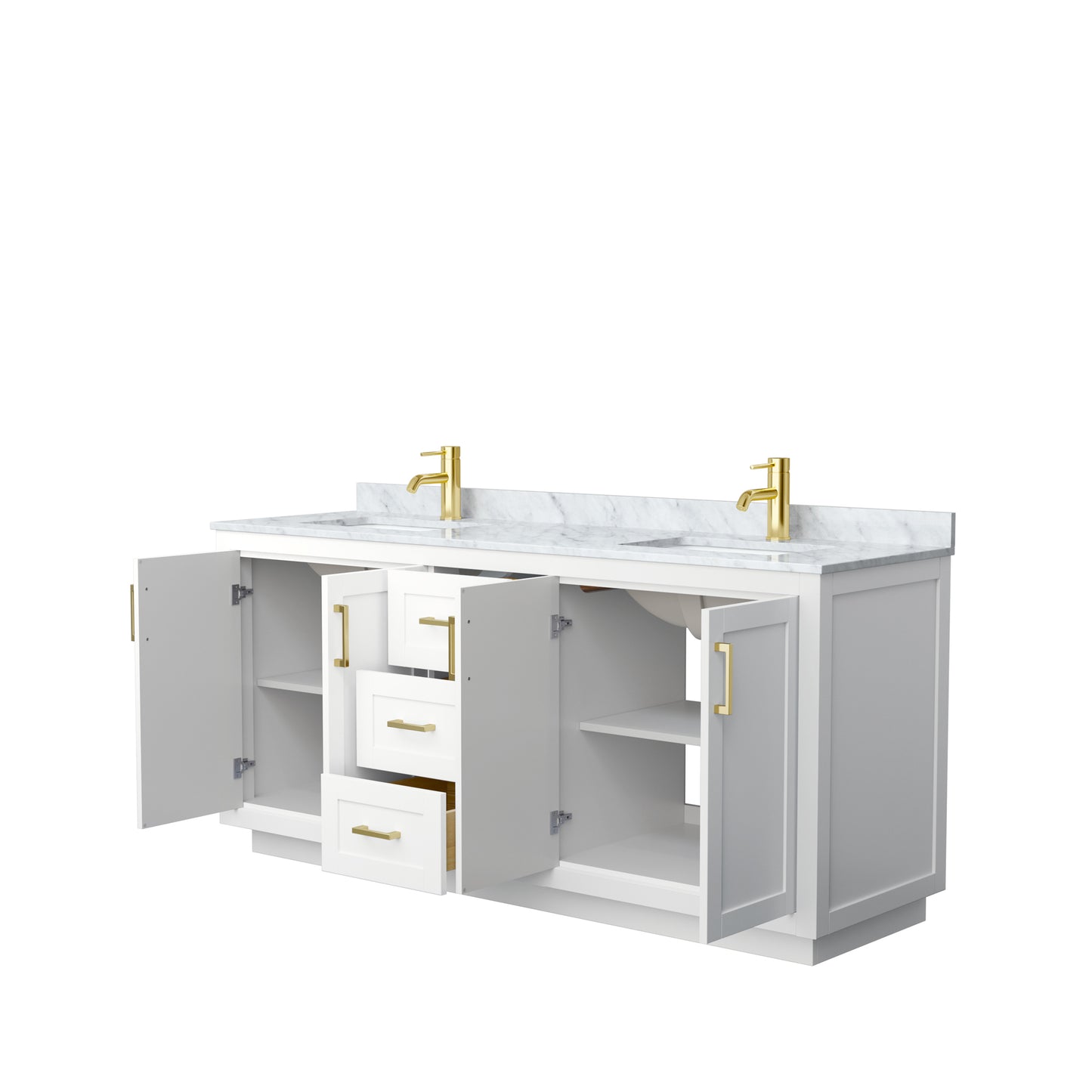 Wyndham Collection Miranda 72 Inch Double Bathroom Vanity in White, Marble Countertop, Undermount Square Sinks, Brushed Gold Trim, 70 Inch Mirror - Luxe Bathroom Vanities