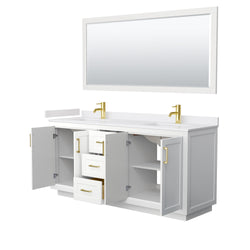 Wyndham Collection Miranda 72 Inch Double Bathroom Vanity in White, Marble Countertop, Undermount Square Sinks, Brushed Gold Trim, 70 Inch Mirror - Luxe Bathroom Vanities