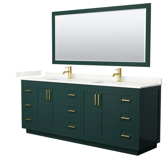 Wyndham Collection Miranda 84 Inch Double Bathroom Vanity in Green, Quartz Countertop, Undermount Square Sinks, Brushed Gold Trim - Luxe Bathroom Vanities
