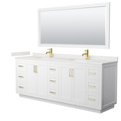 Wyndham Collection Miranda 84 Inch Double Bathroom Vanity in White, Quartz Countertop, Undermount Square Sinks, Brushed Gold Trim - Luxe Bathroom Vanities
