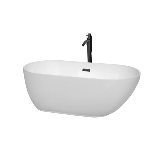Wyndham Collection Melissa 60 Inch Freestanding Bathtub in White with Floor Mounted Faucet, Drain and Overflow Trim in Matte Black - Luxe Bathroom Vanities