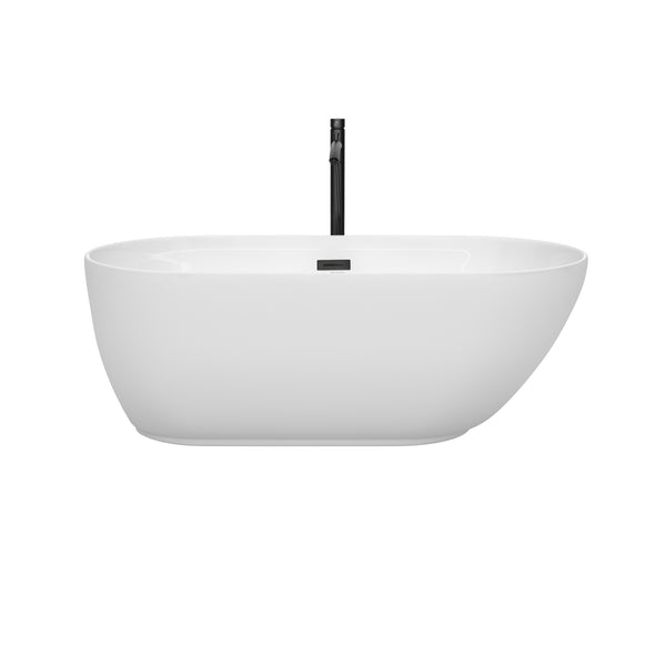 Wyndham Collection Melissa 60 Inch Freestanding Bathtub in White with Floor Mounted Faucet, Drain and Overflow Trim in Matte Black - Luxe Bathroom Vanities