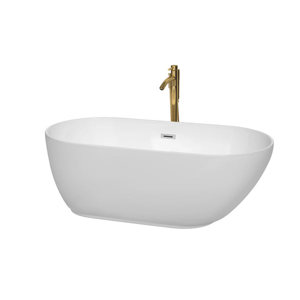 Wyndham Collection Melissa 60 Inch Freestanding Bathtub in White with Floor Mounted Faucet, Drain and Overflow Trim - Luxe Bathroom Vanities