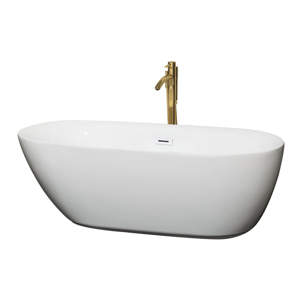 Wyndham Collection Melissa 65 Inch Freestanding Bathtub in White with Floor Mounted Faucet, Drain and Overflow Trim - Luxe Bathroom Vanities