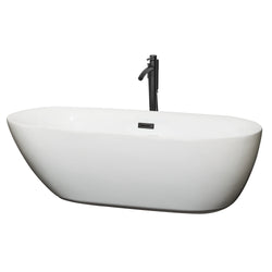 Wyndham Collection Melissa 71 Inch Freestanding Bathtub in White with Floor Mounted Faucet, Drain and Overflow Trim in Matte Black - Luxe Bathroom Vanities