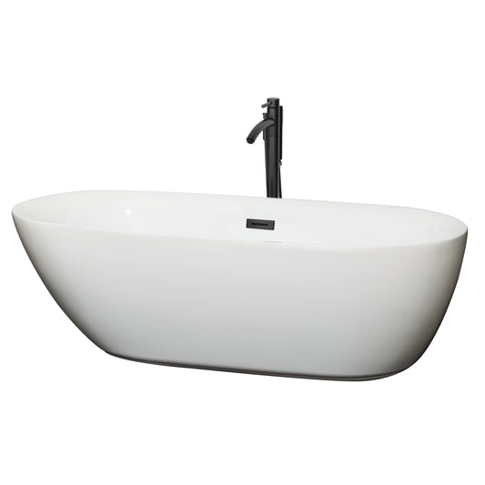 Wyndham Collection Melissa 71 Inch Freestanding Bathtub in White with Floor Mounted Faucet, Drain and Overflow Trim in Matte Black - Luxe Bathroom Vanities